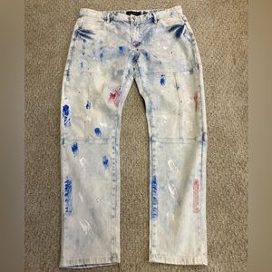 MENS DECIBEL PAINT SPLATTER JEANS PANTS. SIZE 36/32. 5- POCKET. GOOD CONDITION.